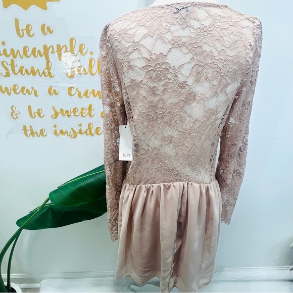 TOBI Blush Pink Nude Lace Scallop Plunge Chiffon Mini Dress Bell Sleeve … - Picture 10 of 16